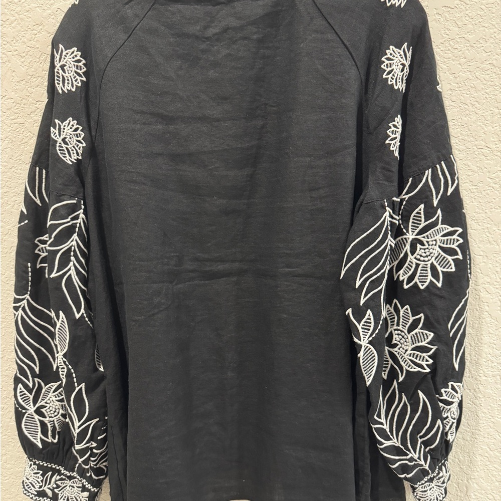 Chico’s Black Embroidered Linen Jacket Blouse Topper Size 2 (L) NWT - Picture 8 of 12